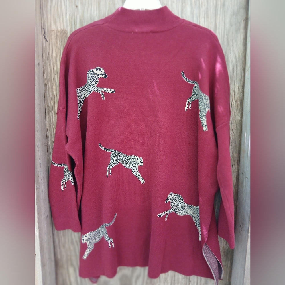 Entro Dark Pink Mock Neck Sweater with Leopard Print, Oversized XL